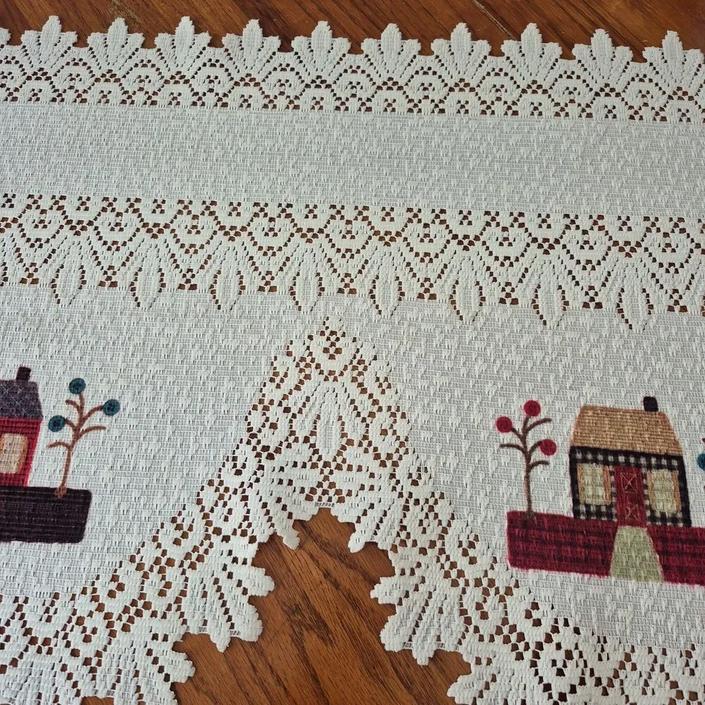 VTG Cream Cottage Core Little House Embroidered Long Buffet Runner 87 x 20 IN